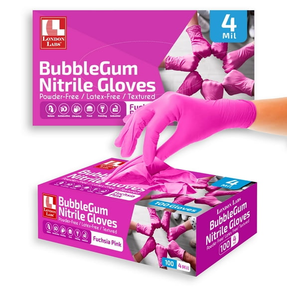 London Labs 4 Mil Disposable Nitrile Gloves, Latex Free & Powder Free Gloves for Esthetician, Nail tech, Cleaning, Cooking & Tattoo - 200ct X-large pink gloves