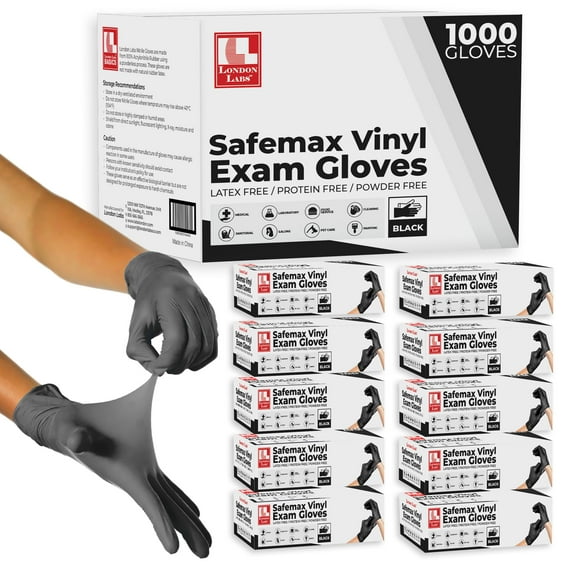 London Labs Black Synthetic Vinyl Exam Gloves Powder Free and Latex Free (Large, 1000 Count)