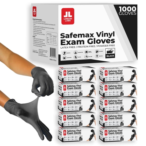 London Labs Black Synthetic Vinyl Exam Gloves Powder Free and Latex Free (Small, 1000 Count)