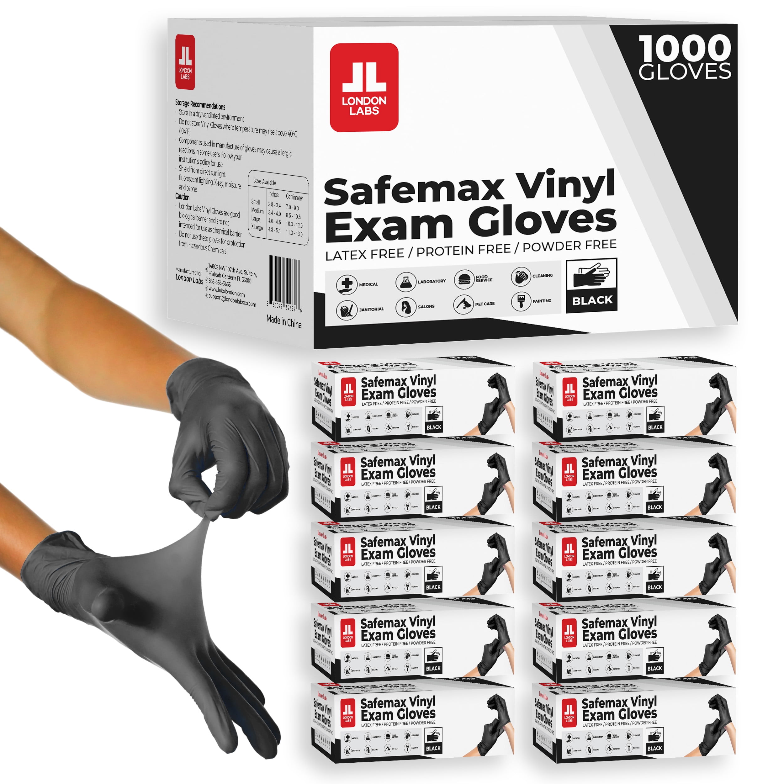London Labs Black Synthetic Vinyl Exam Gloves Powder Free and Latex Free X Large, 1000 Count