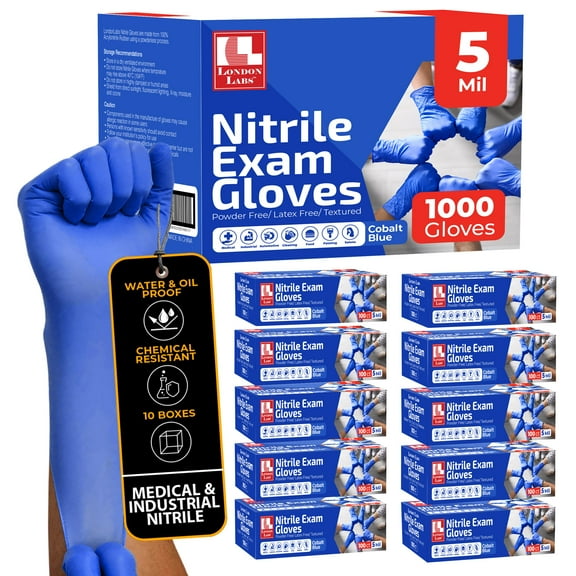 London Labs 5 Mil Disposable Nitrile Exam Gloves, Latex free & powder free Gloves for Medical & industrial use | Food Safe & Cleaning Gloves - 1000ct Cobalt medium Gloves
