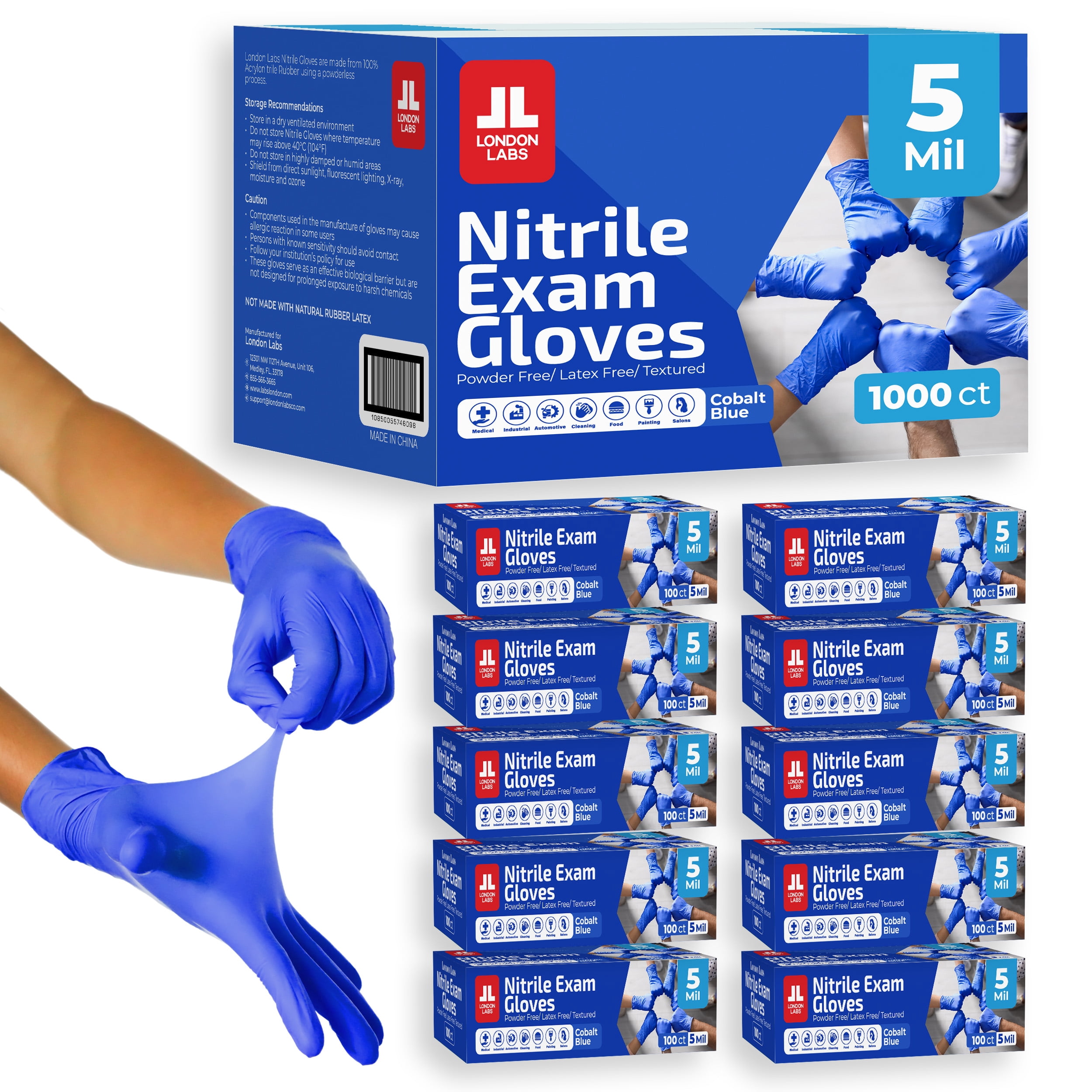 London Labs 5 Mil Disposable Nitrile Exam Gloves, Latex free & powder free Gloves for Medical & industrial use | Food Safe & Cleaning Gloves - 1000ct Cobalt large Gloves
