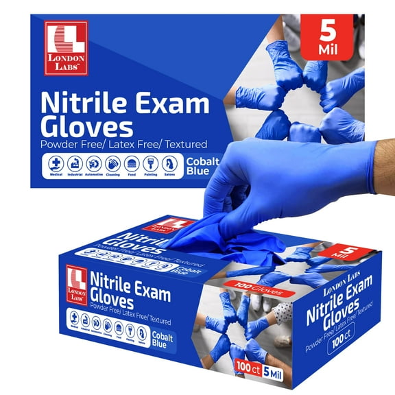 London Labs 5 Mil Disposable Nitrile Exam Gloves, Latex free & powder free Gloves for Medical & industrial use | Food Safe & Cleaning Gloves - 200ct Cobalt XX-large Gloves