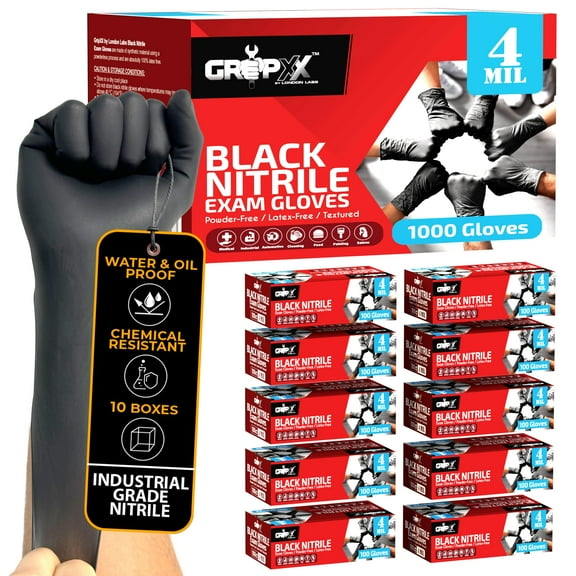 London Labs Disposable Industrial Black Nitrile Gloves 4 Mil Thick 1000 Count Latex Free Powder Free Large