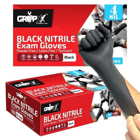 GRIPXX Black Nitrile Exam Gloves -4 Mil Thick, Multi-Purpose Disposable Nitrile Gloves-Latex&Powder-Free (XS, S,M,L,XL,XXL) (200 Count, X-Large)
