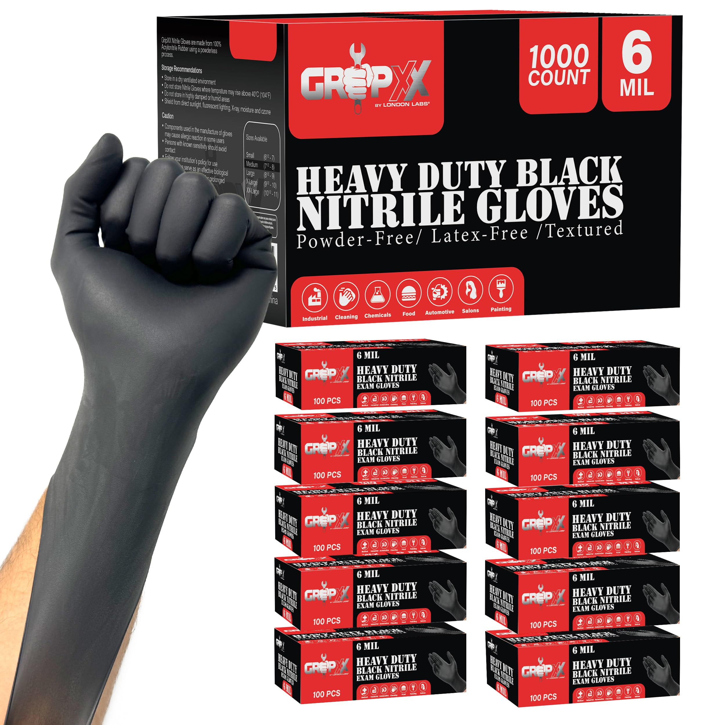 London Labs Heavy Duty Black Nitrile Gloves 6Mil - XXLarge, 1000 Count