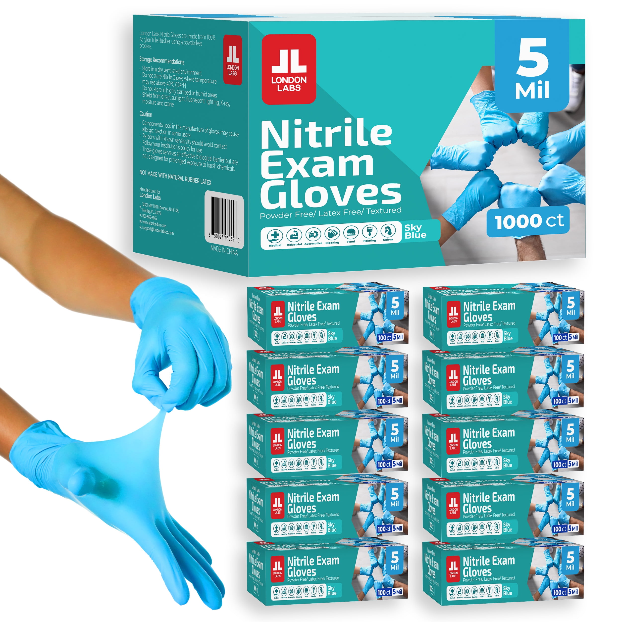 London Labs 5 Mil Disposable Nitrile Exam Gloves, Latex free & powder free Gloves for Medical & industrial use | Food Safe & Cleaning Gloves - 1000ct Sky blue medium Gloves