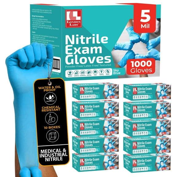 London Labs 5 Mil Disposable Nitrile Exam Gloves, Latex free & powder free Gloves for Medical & industrial use | Food Safe & Cleaning Gloves - 1000ct Sky blue XX-large Gloves