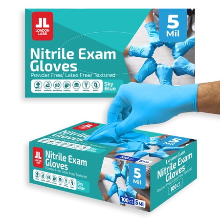 London Labs 5 Mil Disposable Nitrile Exam Gloves, Latex free & powder free Gloves for Medical & industrial use | Food Safe & Cleaning Gloves - 200ct Sky blue XX-large Gloves