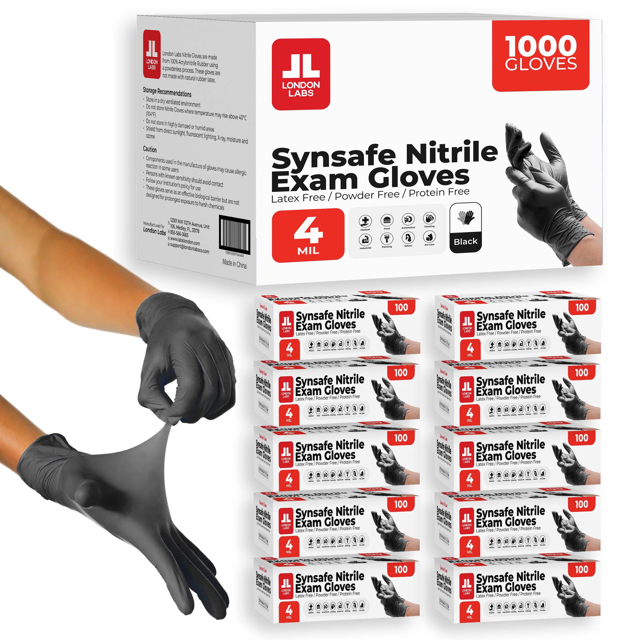 London Labs 4 Mil Disposable Nitrile Exam Gloves, Latex Free & Powder Free Gloves for Medical, food safe, EMT, Cleaning, Cooking - 1000ct small Synsafe black gloves