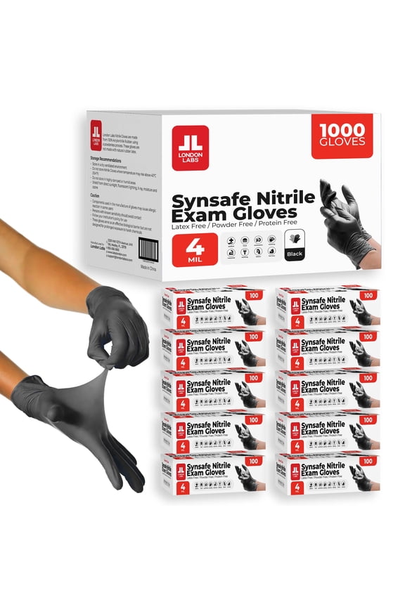 4 Mil Disposable Nitrile Exam Gloves, Latex Free & Powder Free Gloves for Medical, food safe, EMT, Cleaning, Cooking - 1000ct X-small Synsafe black gloves