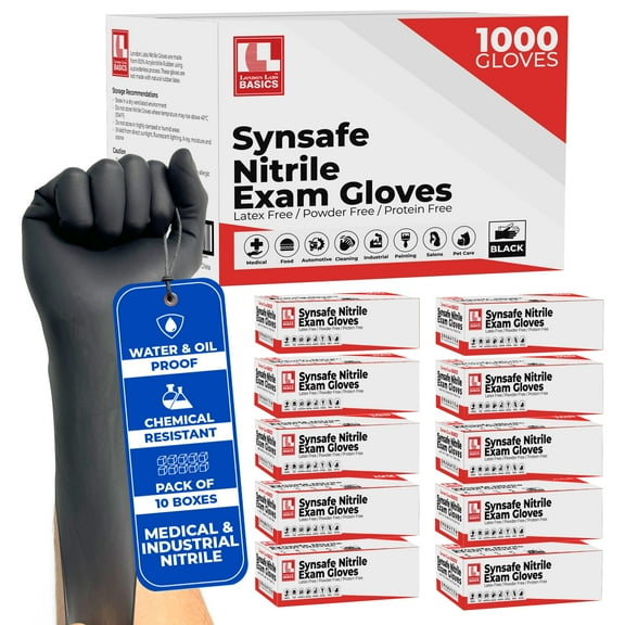 London Labs 4 Mil Disposable Nitrile Exam Gloves, Latex Free & Powder Free Gloves for Medical, food safe, EMT, Cleaning, Cooking - 1000ct X-large Synsafe black gloves