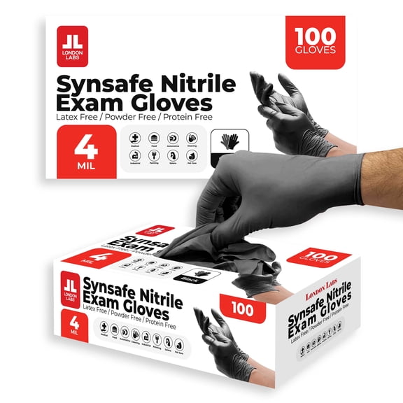 London Labs 4 Mil Disposable Nitrile Exam Gloves, Latex Free & Powder Free Gloves for Medical, food safe, EMT, Cleaning, Cooking - 200ct medium Synsafe black gloves