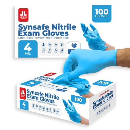 London Labs 4 Mil Disposable Nitrile Exam Gloves, Latex Free & Powder Free Gloves for Medical, food safe, EMT, Cleaning, Cooking - 200ct large Synsafe blue gloves