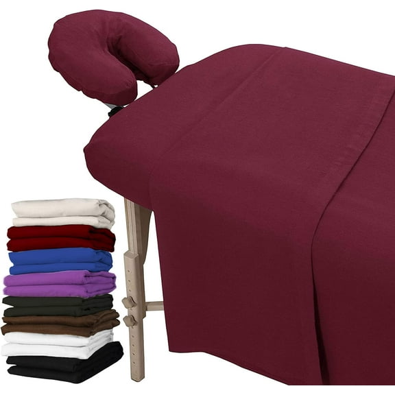 London Linens 3-Pc Massage Table Sheets Set Thick Table Cover, Fitted Sheet & Face Rest Cover, Burgundy