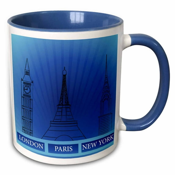 3drose, London, Paris, and New York Historical Structures in Blue, 11oz Two-tone Blue Mug