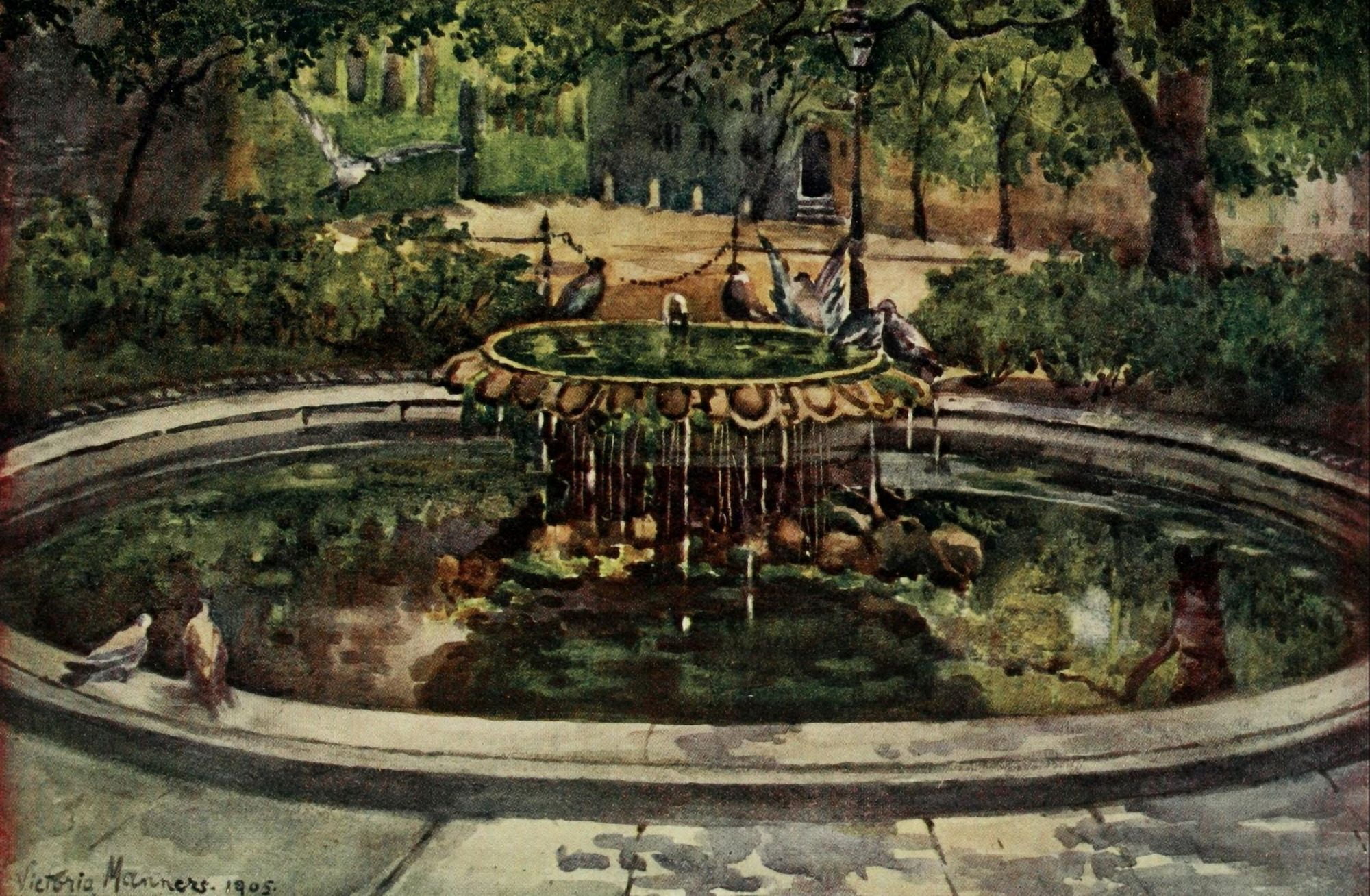 London Parks & Gardens 1907 Fountain Court Middle Temple Canvas Art - Lady V Manners (18 x 24)