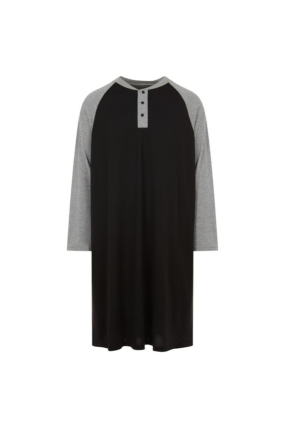 Mens Nightshirt - Cotton Long Sleeve Lounge, Sleep Henley Shirt Pajama, Mens Nightgown/Big Sleeping Top, Black/X-Large