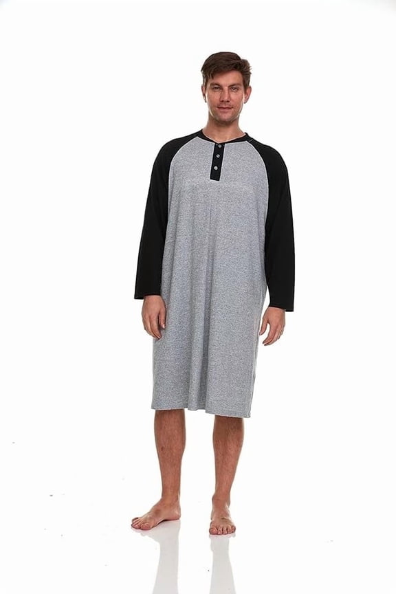 Mens Nightshirt - Long Sleeve Lounge, Sleep Henley Shirt Pajama - Mens Nightgown/Big Sleeping Top