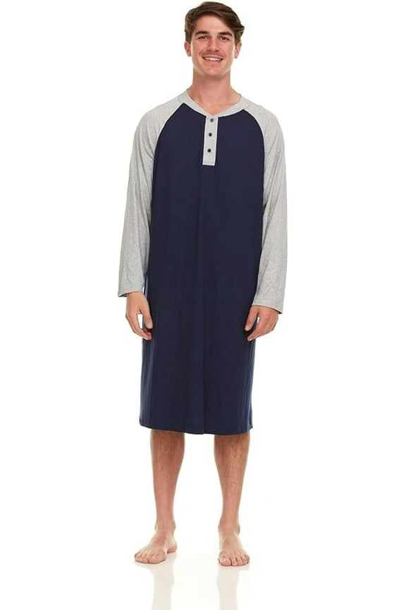 Mens Nightshirt - Long Sleeve Lounge, Sleep Henley Shirt Pajama - Mens Nightgown/Big Sleeping Top