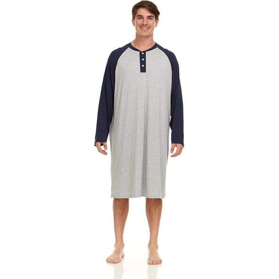 London Polo Mens Nightshirt - Long Sleeve Lounge, Sleep Henley Shirt Pajama - Mens Nightgown/Big Sleeping Top