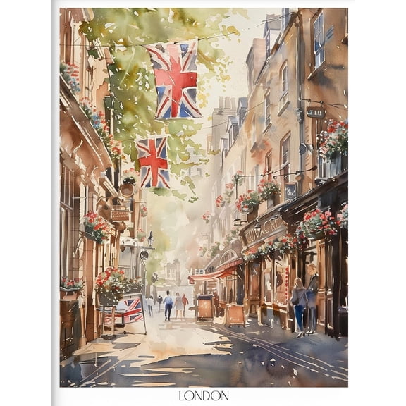 London Pub Street Poster Watercolor Painting Of British Alley Union Jack Flags Hanging Flower Baskets Historic Architecture Wall Art Urban Scene Print Featuring Golden Light Sidewalk Figures