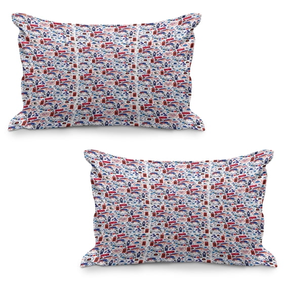 London Quilted Pillowcover Set of 2, Pattern with London Queen Elizabeth Umbrella Tea Party Map Travel Theme, Standard Queen Size Pillow Cover for Bedroom, 36" x 20", Multicolor, by Ambesonne