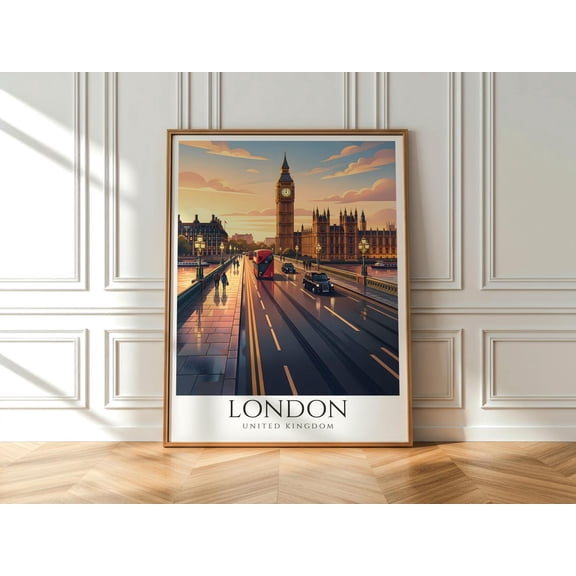 London Red Bus Wall Art Westminster Bridge Traffic Print Classic London Transport, Unframed Paper Print