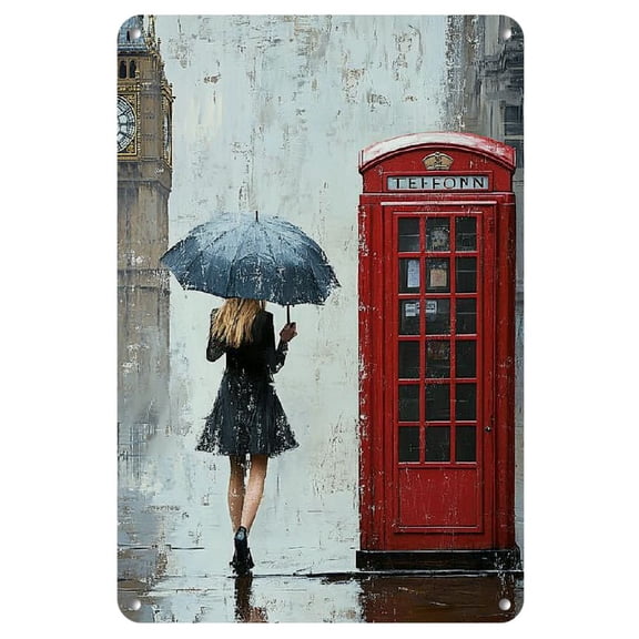 London Red Telephone Booth in the Rain - 8x12" Iron Wall Art, Creative Home & Cafe Decor, Square Aesthetic Painting, Perfect for Bedroom, Living Room, Holiday Gift, Perfect for Room Decor