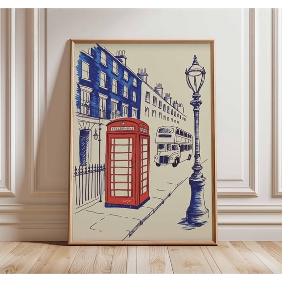 London Red Telephone Box Poster Iconic British Street Scene Wall Art with Double Decker Bu