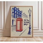 London Red Telephone Box Poster Iconic British Street Scene Wall Art with Double Decker Bu