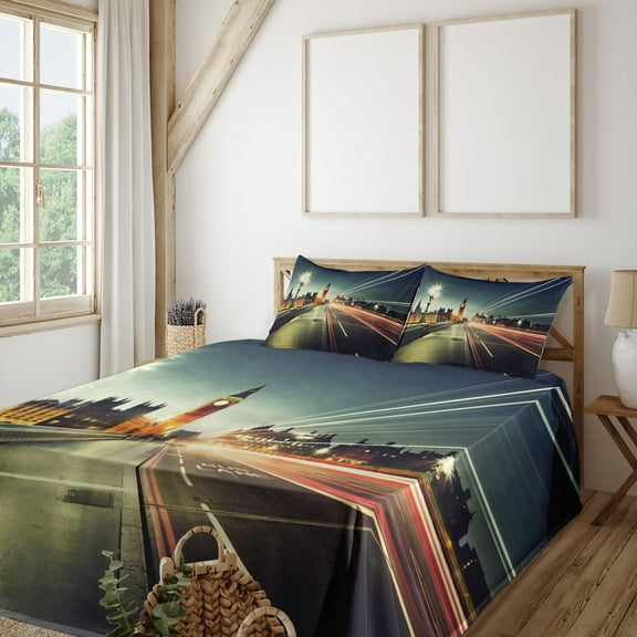 Ambesonne London Fitted & Top Sheet Set with Shams, Big Ben Urban Cityscape, Jade Green Dark Blue