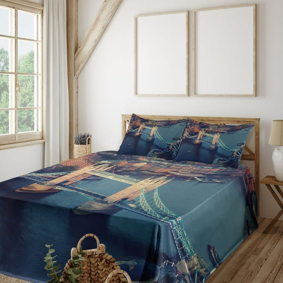 Ambesonne London Fitted & Top Sheet Set with Shams, Vintage British River UK, Multicolor