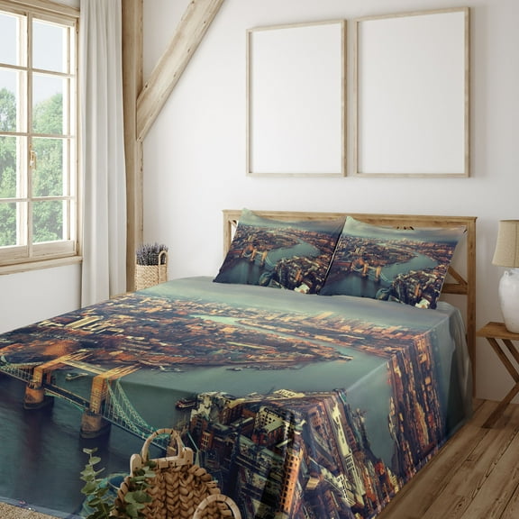 Ambesonne London Fitted & Top Sheet Set with Shams, Thames River and Bridge, Almond Green Orange