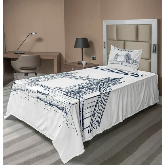 Ambesonne London Fitted & Top Sheet Set with Sham, Europe Big Ben Landmark, Black White