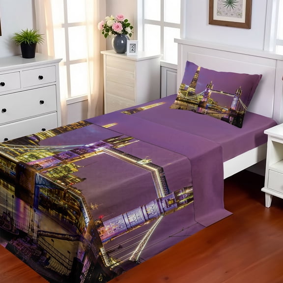 Ambesonne Europe Fitted & Top Sheet Set with Sham, Tower Bridge in London, Purple Yellow