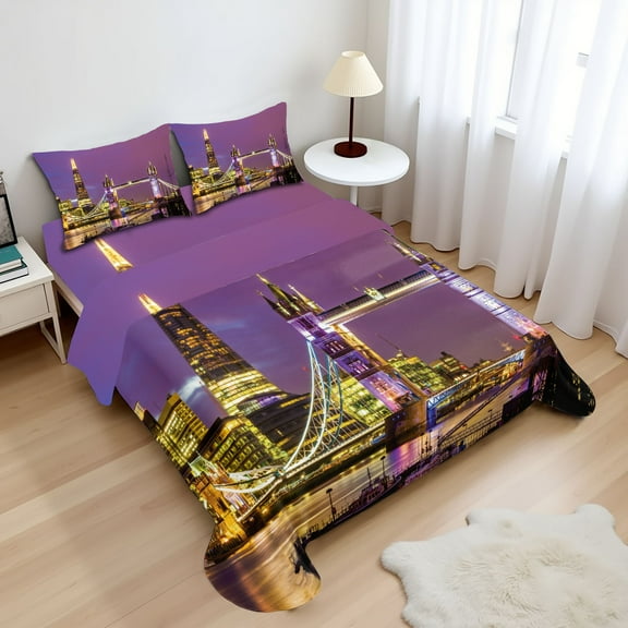 Ambesonne Europe Fitted & Top Sheet Set with Shams, Tower Bridge in London, Purple Yellow