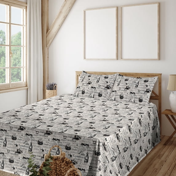 Ambesonne London Fitted & Flat Sheet with Shams 4 Pcs Set, Vintage Lettering Big Ben, Queen, Eggshell Charcoal Grey