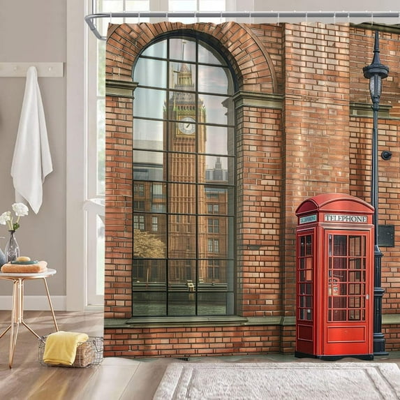 London Shower Curtain Retro Brown Brick Wall Red Telephone Booth Big Ben England Travel Rustic Vintage Street Fabric Bathroom Curtain with Hooks