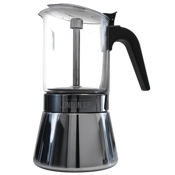 The London Sip Glass and Stainless Steel Stovetop Espresso Maker, Moka Pot Italian Coffee Percolator, Large (15.2 oz)
