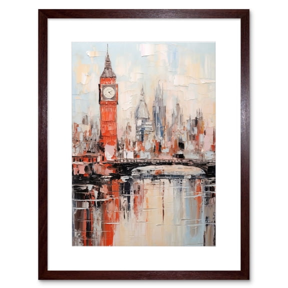 London Skyline Abstract Oil Painting Thick Paint Red Big Ben River Thames Westminster Bridge England City Artwork Framed Wall Art Print 9X7 Inch