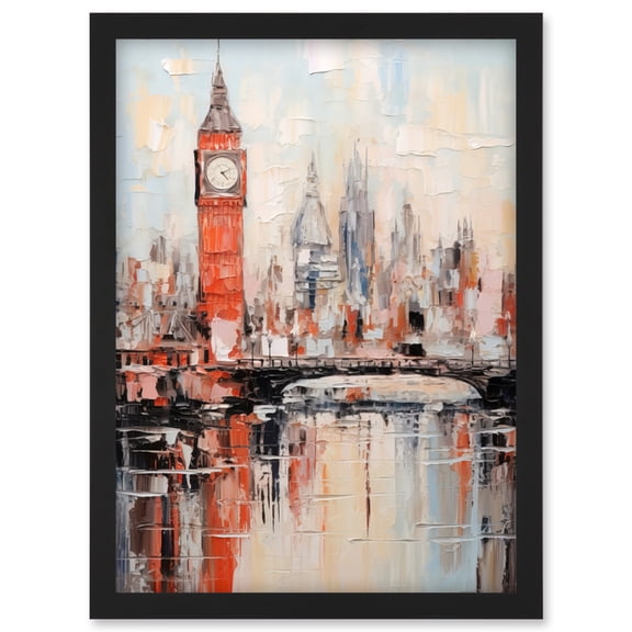 London Skyline Abstract Oil Painting Thick Paint Red Big Ben River Thames Westminster Bridge England City Artwork Framed Wall Art Print A4