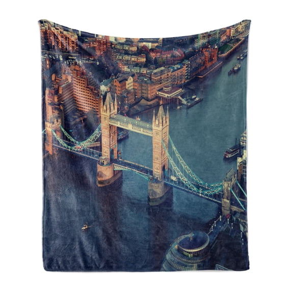 London Soft Flannel Fleece Blanket, London Aerial View with Tower Bridge at Sunset Internatinal Big Old UK British River, Cozy Plush for Indoor and Outdoor Use, 60" x 80", Multicolor, by Ambesonne