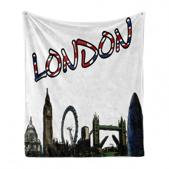 London Soft Flannel Fleece Blanket, Cartoon Drawing Style Famous Landmarks of London United Kingdom Big Ben Parliament, Cozy Plush for Indoor and Outdoor Use, 70" x 90", Multicolor, by Ambesonne