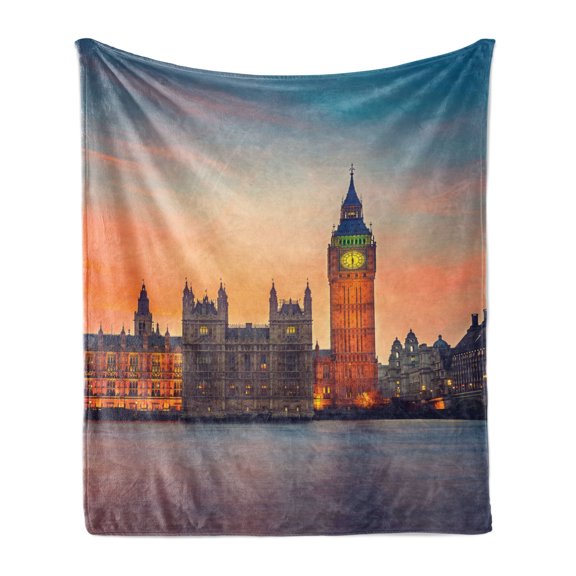 London Soft Flannel Fleece Blanket, Fairy View of Big Ben and Houses of Parliament at Dusk in London British Urban Town, Cozy Plush for Indoor and Outdoor Use, 60" x 80", Multicolor, by Ambesonne