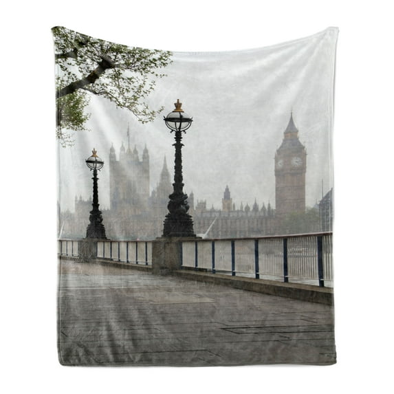London Soft Flannel Fleece Throw Blanket, Big Ben View from the Street Palace of Westminster Touristic Britain, Cozy Plush for Indoor and Outdoor Use, 70" x 90", Multicolor, by Ambesonne