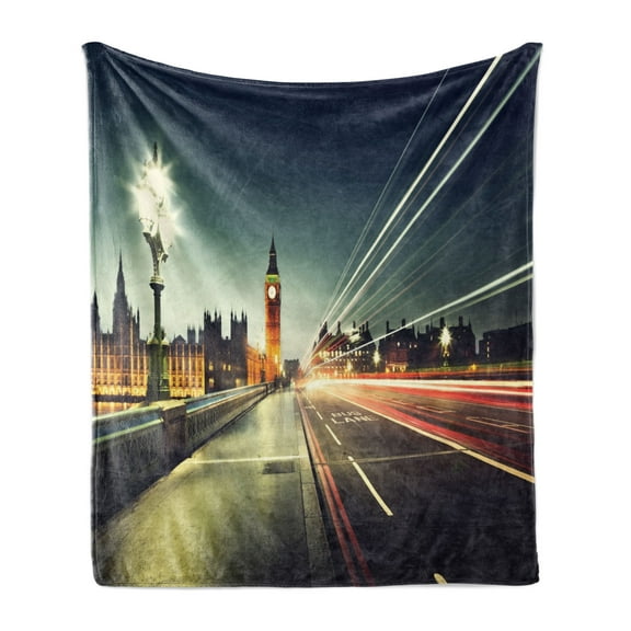 London Soft Flannel Fleece Throw Blanket, Big Ben from Westminster Bridge Evening Urban Life England City, Cozy Plush for Indoor and Outdoor Use, 50" x 60", Jade Green Dark Blue, by Ambesonne