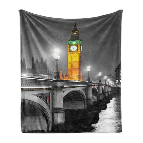 London Soft Flannel Fleece Throw Blanket, Big Ben and Westminster Bridge at Night in UK Street River European Look, Cozy Plush for Indoor and Outdoor Use, 60" x 80", Grey Yellow, by Ambesonne