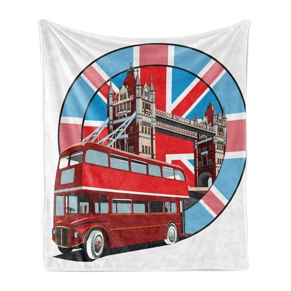 London Soft Flannel Fleece Throw Blanket, British Flag Metropol City of London Thames River Memorabilia English Bus, Cozy Plush for Indoor and Outdoor Use, 50" x 60", Multicolor, by Ambesonne