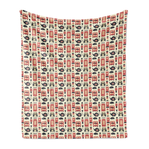 London Soft Flannel Fleece Throw Blanket, Grunge Looking Vintage Traditional Theme Graphic Design Pattern, Cozy Plush for Indoor and Outdoor Use, 50" x 70", Vermilion Cream Black, by Ambesonne